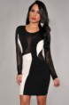 Negro Blanco Color-bloque de malla mangas Vestido ajustado