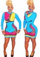 Naughty Seductive Bule Long Sleeve Polyester round neck Geometric Skinny Fashion Dresses
